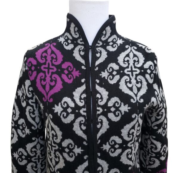 NEVE Geometric Wool Cardigan Jacket Hook Eye Notched Back Black Gray Purple Sz S - Picture 2 of 16
